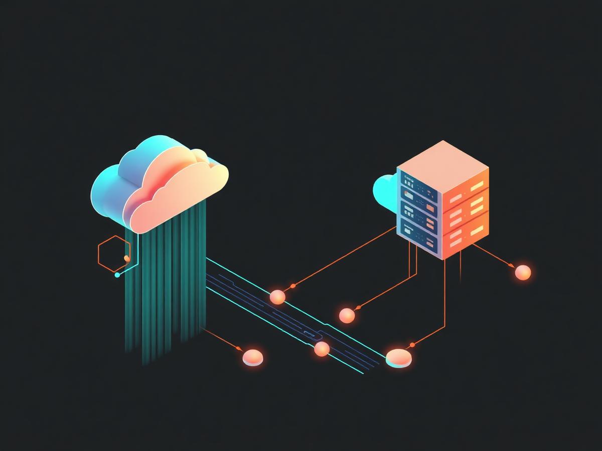 Illustration of cloud infrastructure connected to a server rack