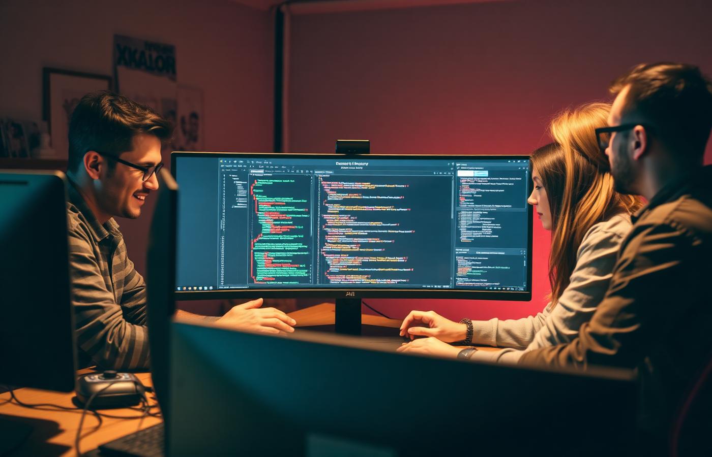 Software development team collaborating around a wide monitor with code